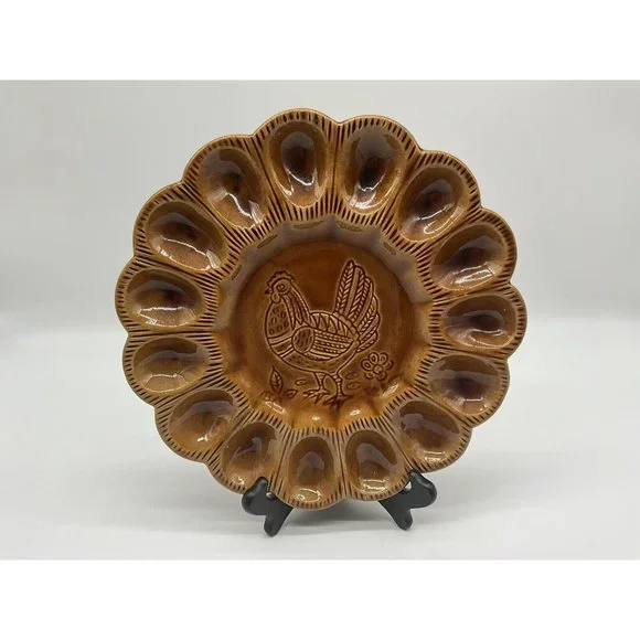 California Pottery Golen Brown Deviled Egg Plate, Made in USA - Picture 7 of 16